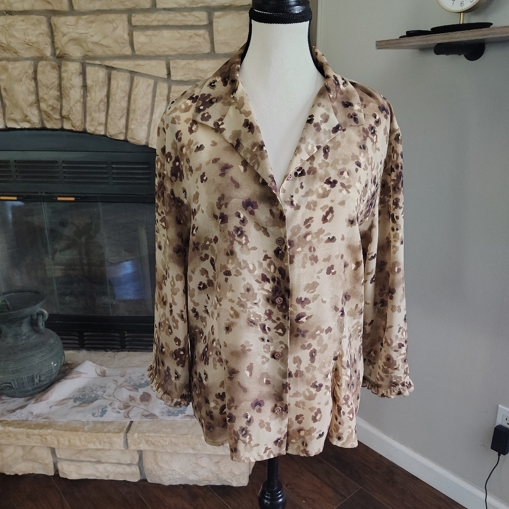 Vintage Emma James Beige and Brown Patterned Blouse Size 16 /Xl
